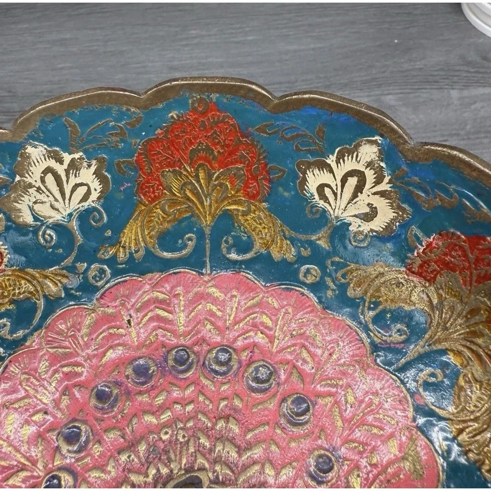 Vtg Brass‎ or Plated Bowl Trinket Dish w/ Peacock Floral Design India Scalloped